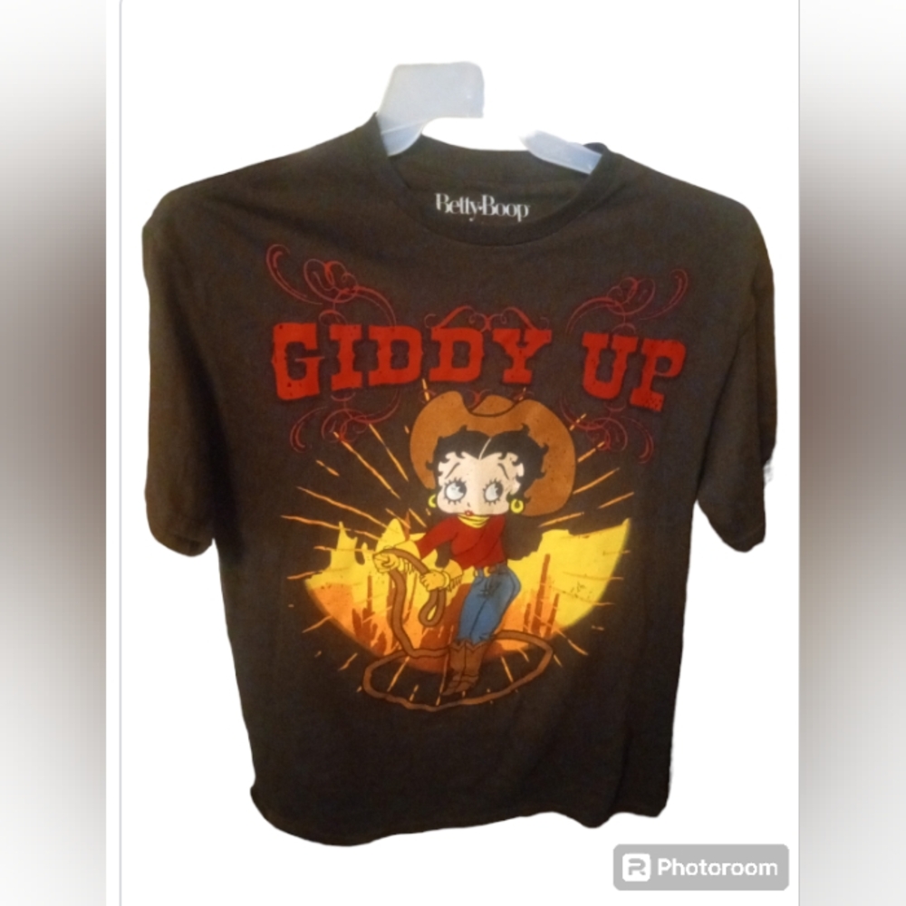 Betty Boop Giddy Up Graphic Tee Women's Brown Top SIZE Large